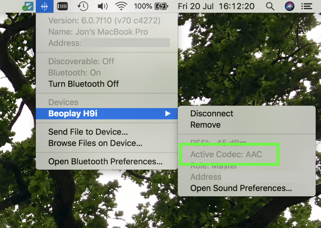 Bluetooth Menu showing Beoplay H9i connected with AAC