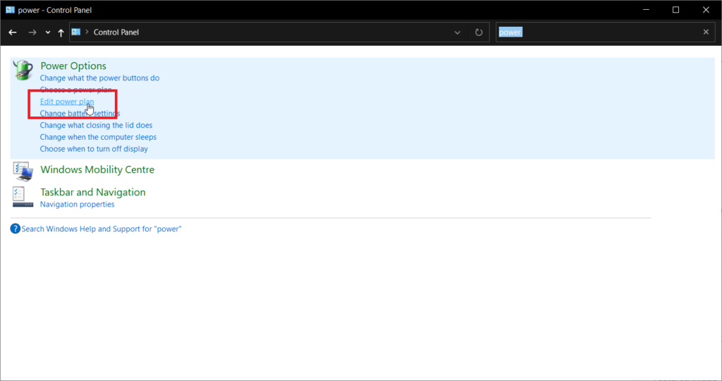 Screenshot of Control Panel with a red square around the 'Edit power plan' search result.