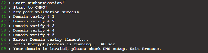 Screenshot of domain verification timing out