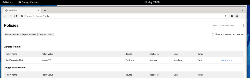 Chrome Fedora showing No Policies being applied