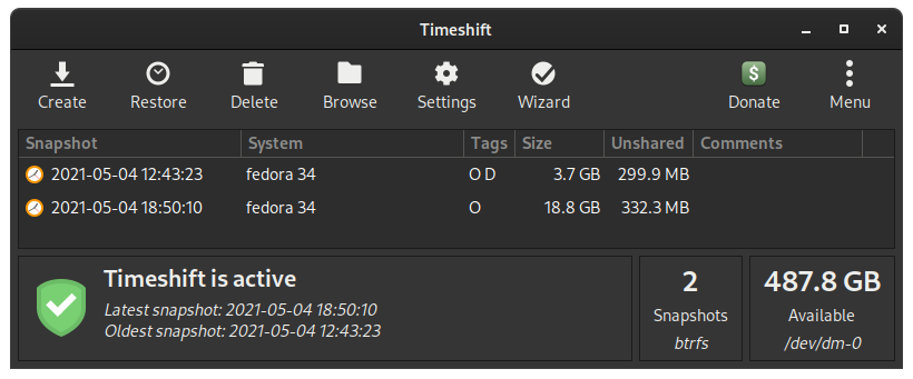 GTK Timeshift GUI on Fedora 34